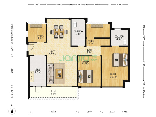 中洲天御 4室1厅2卫 117平方
