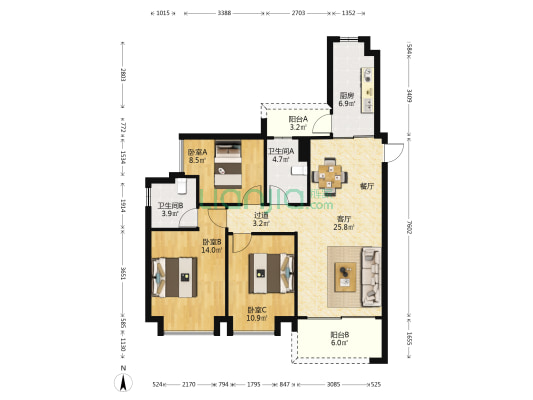恒大御景湾 3室1厅2卫 120平方