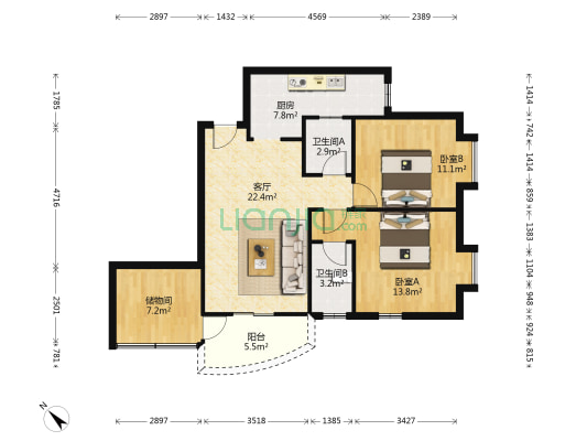经贸中心 2室1厅2卫 96平方