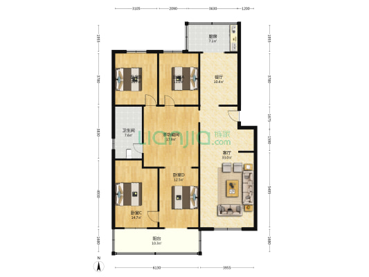 丽泽公寓 5室2厅1卫 160平方