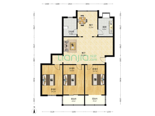 三支沟集资楼 3室2厅1卫 129平方