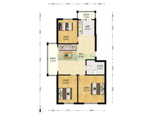 征仪路花园小区C区 3室1厅1卫 107平方