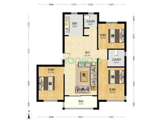 江南云筑 3室1厅2卫 116平方