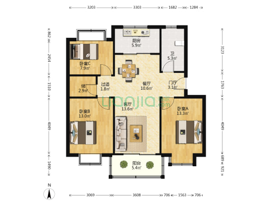 洪兴花园北区 3室2厅1卫 99平方