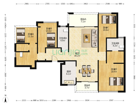 蓝光雍和园 4室1厅2卫 141平方