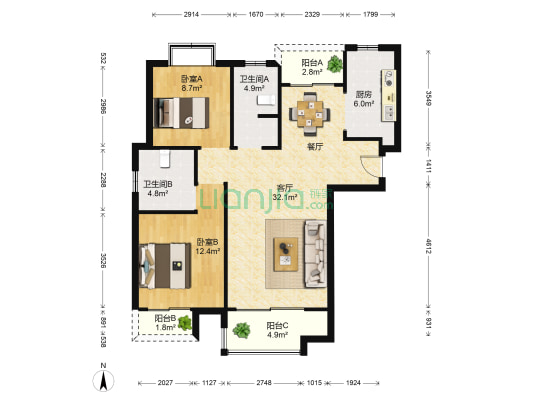 恒盛豪庭 2室1厅2卫 105平方