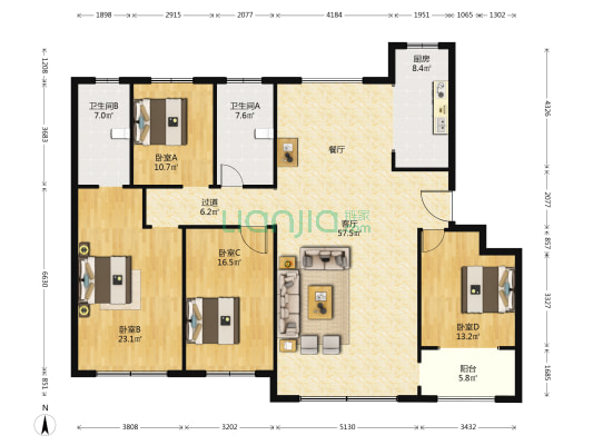 高创公馆 4室1厅2卫 201平方
