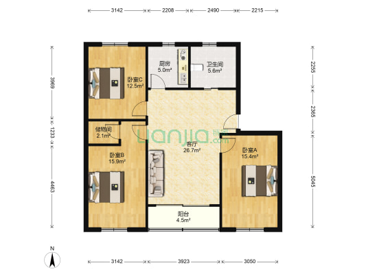 解放街 3室1厅1卫 122平方