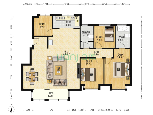 新华联悦澜湾 4室1厅2卫 143平方