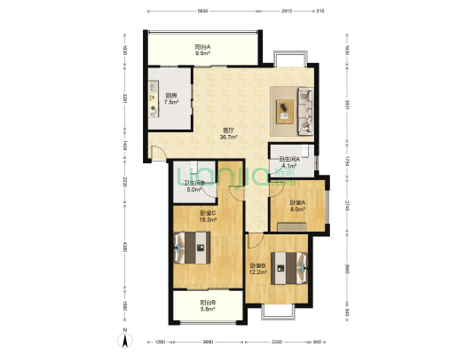 荣禾绿园 3室1厅2卫 125平方