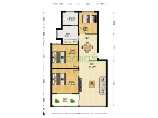 北京东路肿瘤医院宿舍（北京东路519号） 3室1厅1卫 93平方