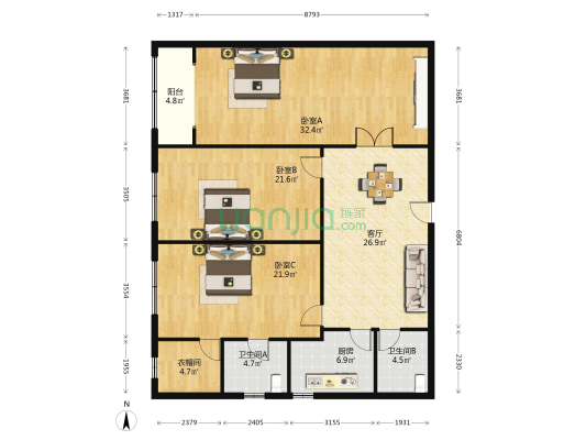 新地大厦 3室1厅2卫 176平方