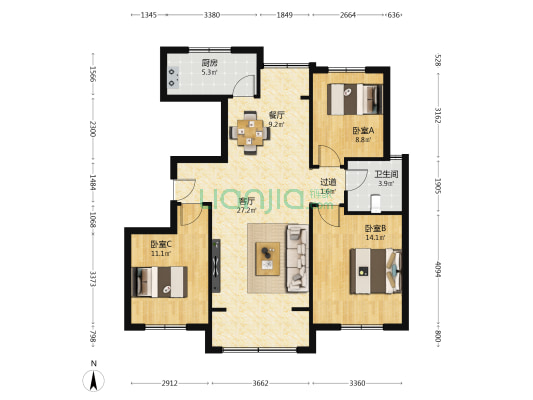 恒裕湖畔 3室2厅1卫 110平方