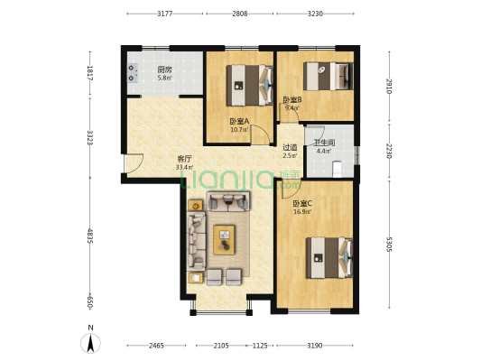 京台嘉苑一区 3室1厅1卫 114平方