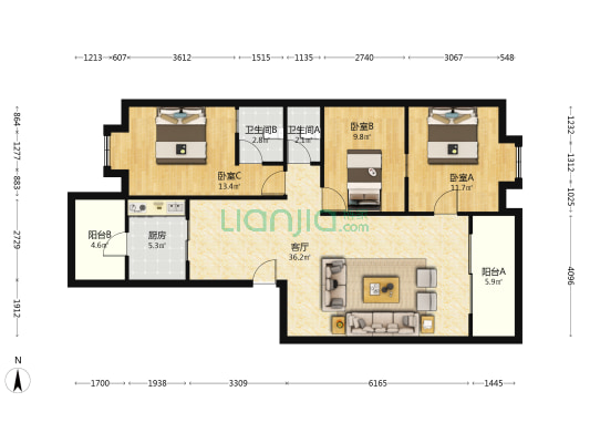 平安一街 3室1厅2卫 104平方
