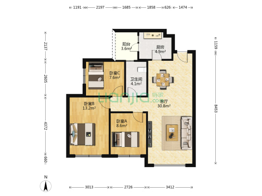 滨江两岸二期 3室1厅1卫 77平方
