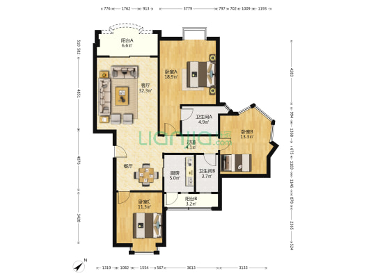 新榕居 3室1厅2卫 144平方