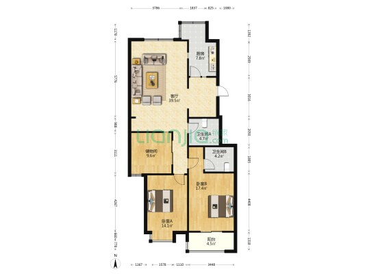 新中花园 2室1厅2卫 125平方