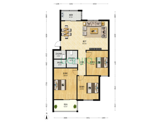 银河小区 3室1厅3卫 127平方