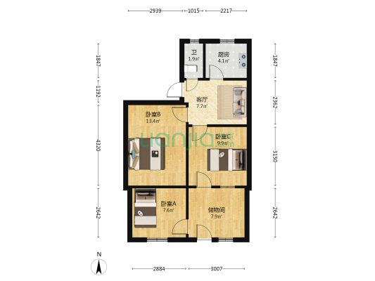 西湖北街4号院 3室1厅1卫 45平方