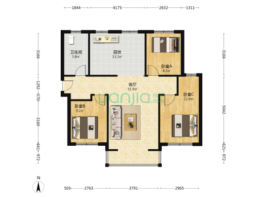 瑞铭园六区 3室1厅1卫 125平方