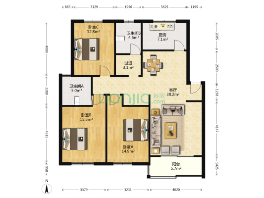 由由新景苑 3室1厅2卫 121平方