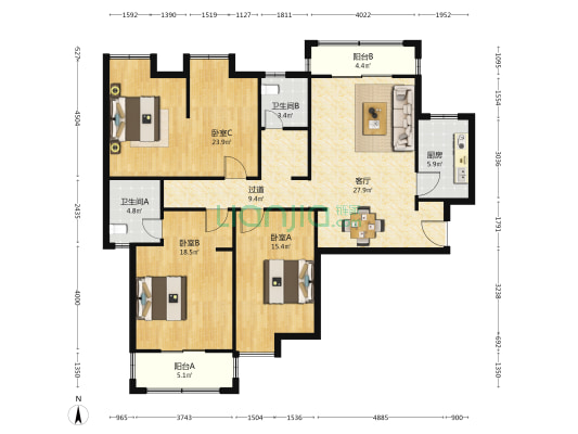 跃进家园B区 3室1厅2卫 148平方