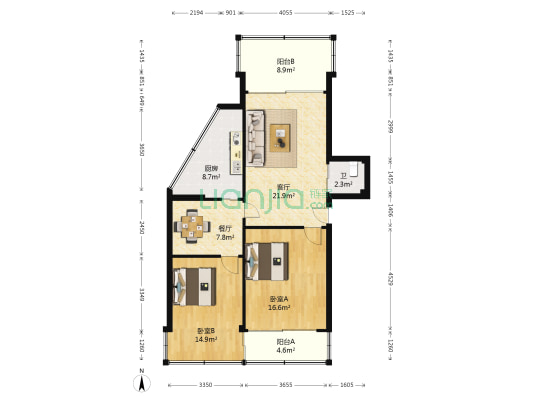 聚壁楼 2室2厅1卫 92平方
