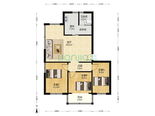 迎宾路1弄 3室1厅1卫 89平方