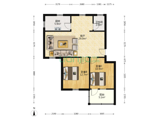 五三大道24号 2室1厅1卫 80平方
