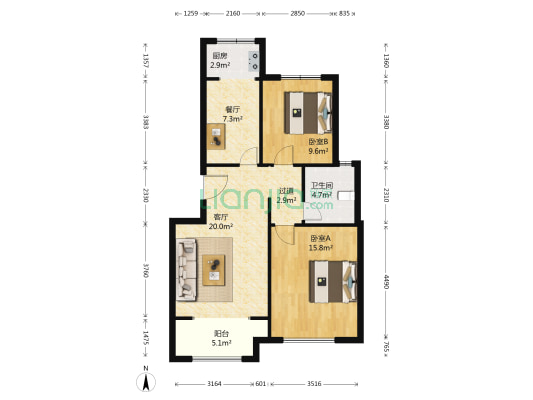 宝境栖园 2室2厅1卫 84平方
