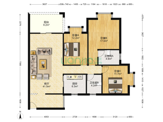 海富豪庭 3室1厅2卫 128平方