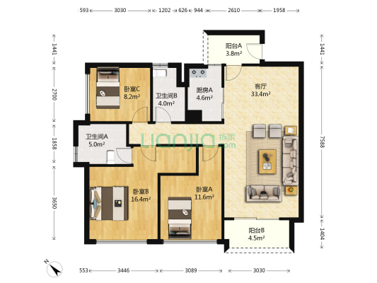 泷景三期 3室1厅2卫 111平方