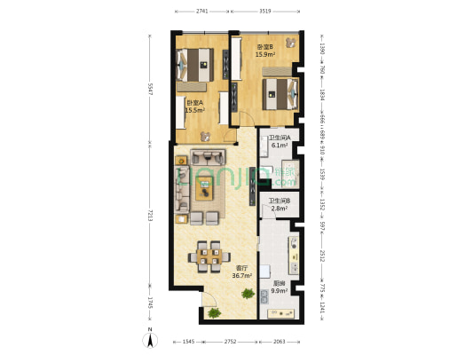 新世达大厦 2室1厅2卫 114平方