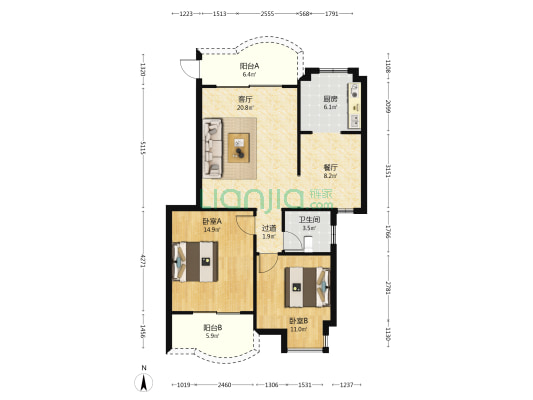 祥荣锦绣一方 2室2厅1卫 163平方
