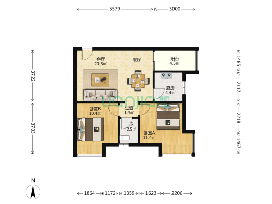 富美家园 2室1厅1卫 65平方