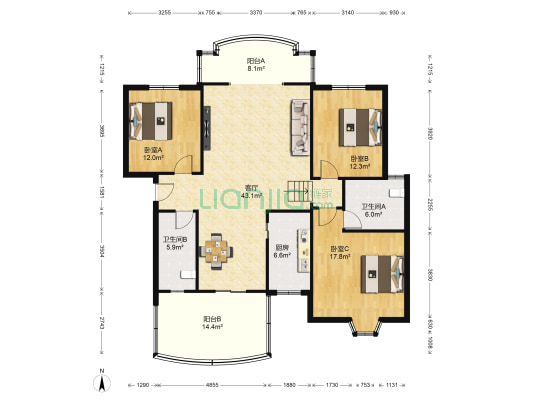 碧辉园二公寓 3室1厅2卫 128平方