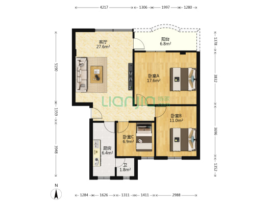 西安区国土楼2号 3室1厅1卫 83平方