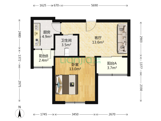德铭苑 1室1厅1卫 58平方