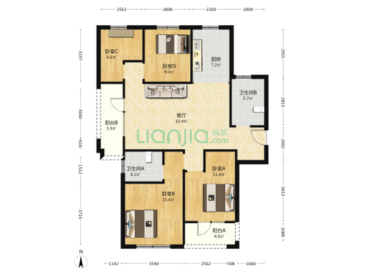 山水丽景 4室1厅2卫 136平方