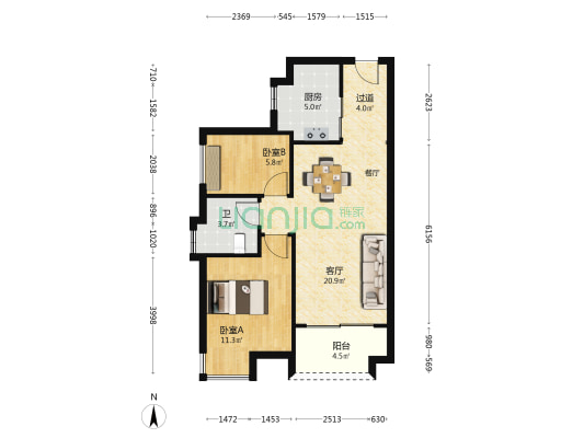 万科海上城市二期 2室1厅1卫 67平方