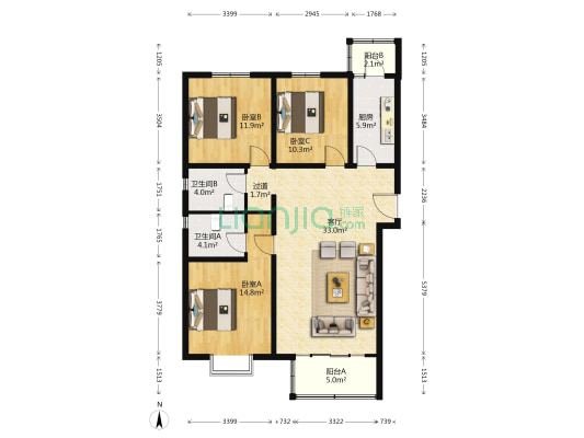 周家庄中路20号院 3室1厅2卫 125平方