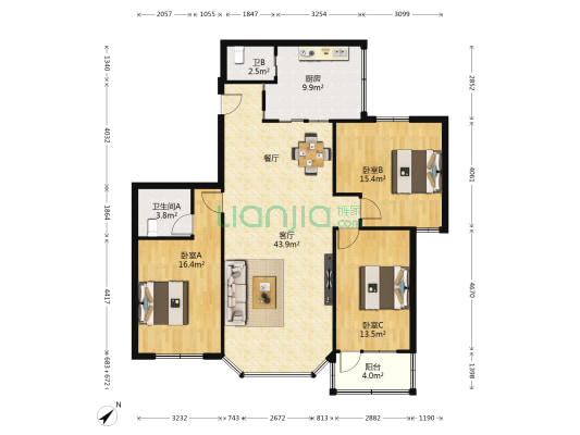 艺丰大厦 3室1厅2卫 130平方