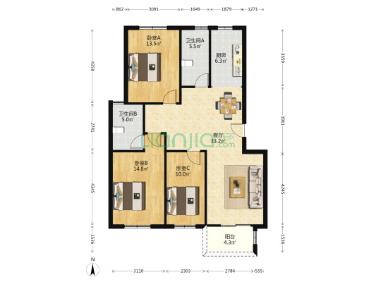 泰来家园 3室1厅2卫 110平方