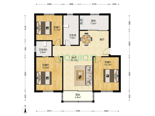 阳山花苑一区 3室1厅2卫 120平方