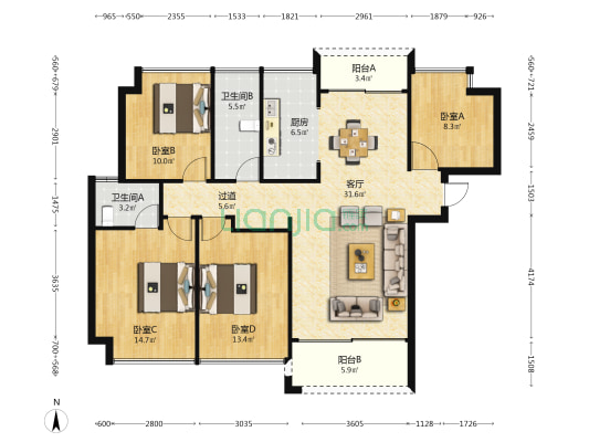 双喜楼 4室1厅2卫 129平方