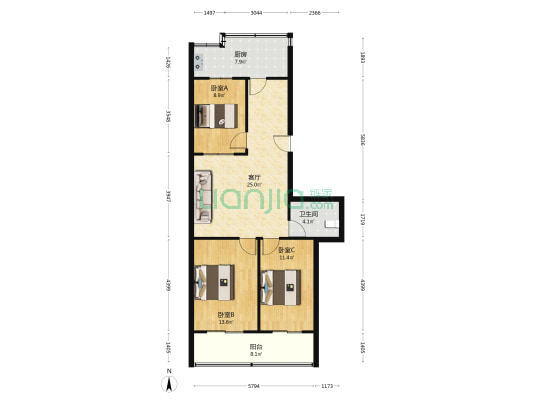政六街28号院 3室1厅1卫 85平方