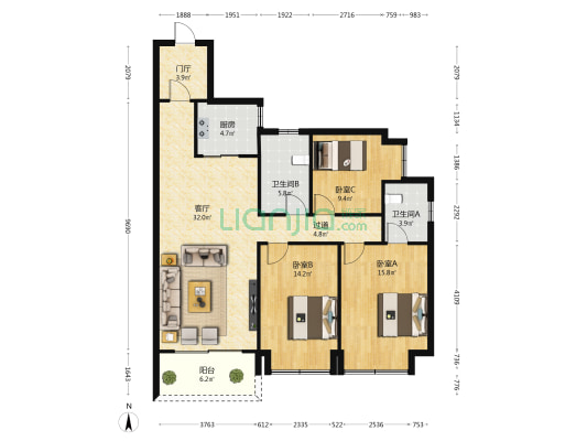 五源河公寓三期E区 3室1厅2卫 124平方