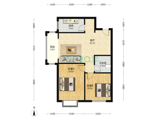 小区交通便利 户型方正 纯阳两居 采光好-户型图