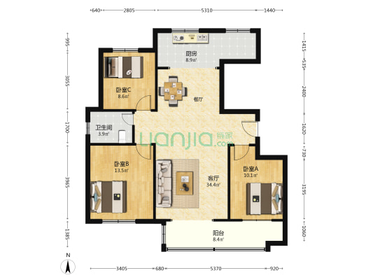 中海悦江府 3室1厅1卫 114平方